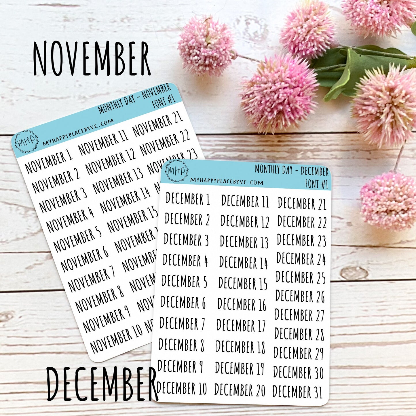Days of the Year Planner Stickers. Month & Number Day for Planners and Bullet Journals.  || Q104