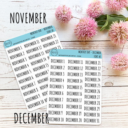 Days of the Year Planner Stickers. Month & Number Day for Planners and Bullet Journals.  || Q104