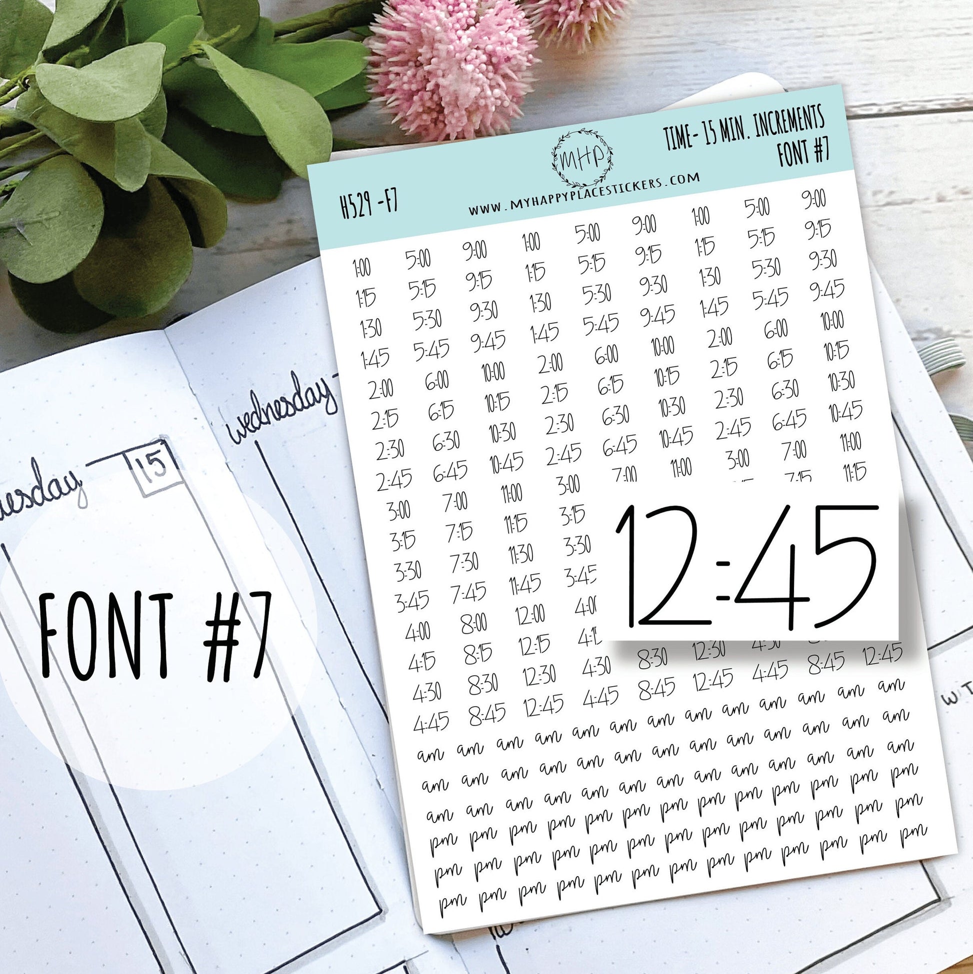 HOURS- 15 Min. Increment Stickers for Planners, Organizers and Bullet Journals. College Planner. 8 Fonts to Choose From || H529