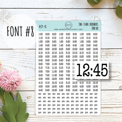 HOURS- 15 Min. Increment Stickers for Planners, Organizers and Bullet Journals. College Planner. 8 Fonts to Choose From || H529