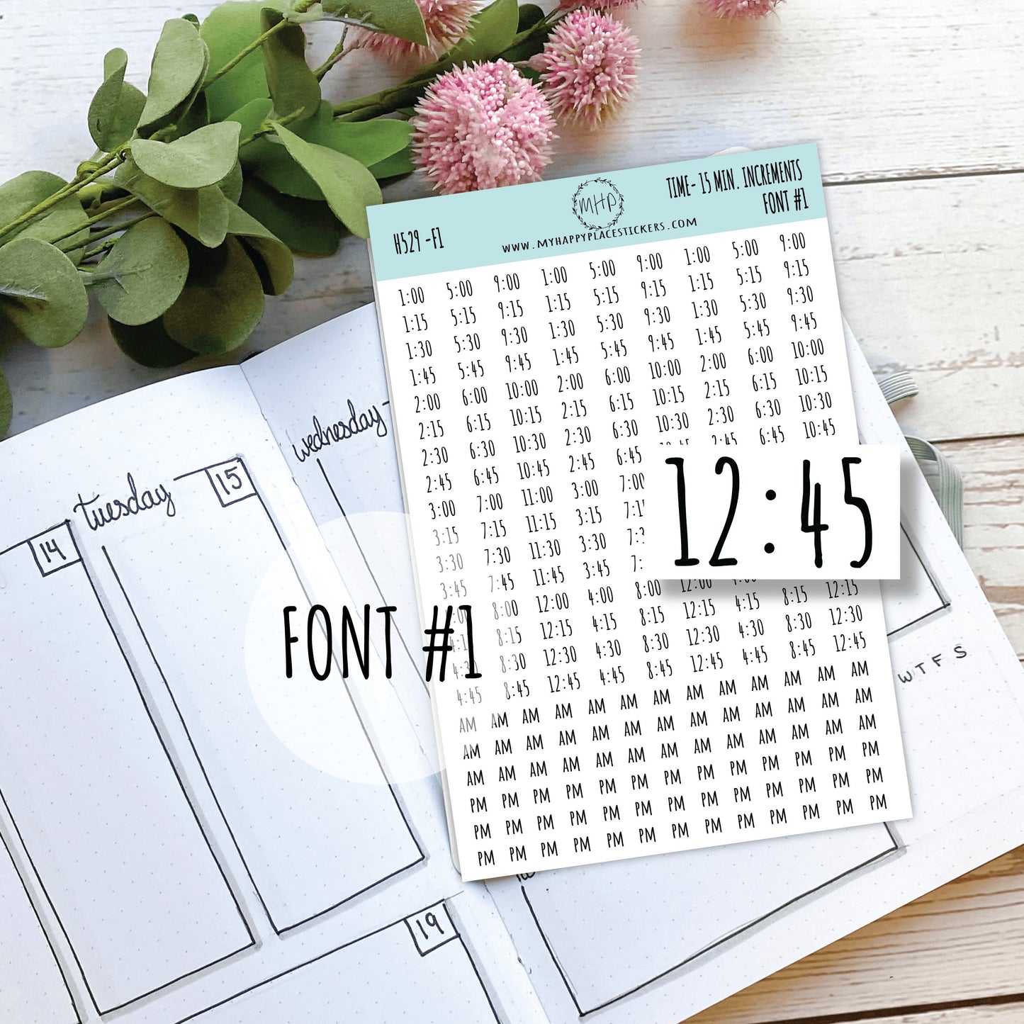 HOURS- 15 Min. Increment Stickers for Planners, Organizers and Bullet Journals. College Planner. 8 Fonts to Choose From || H529