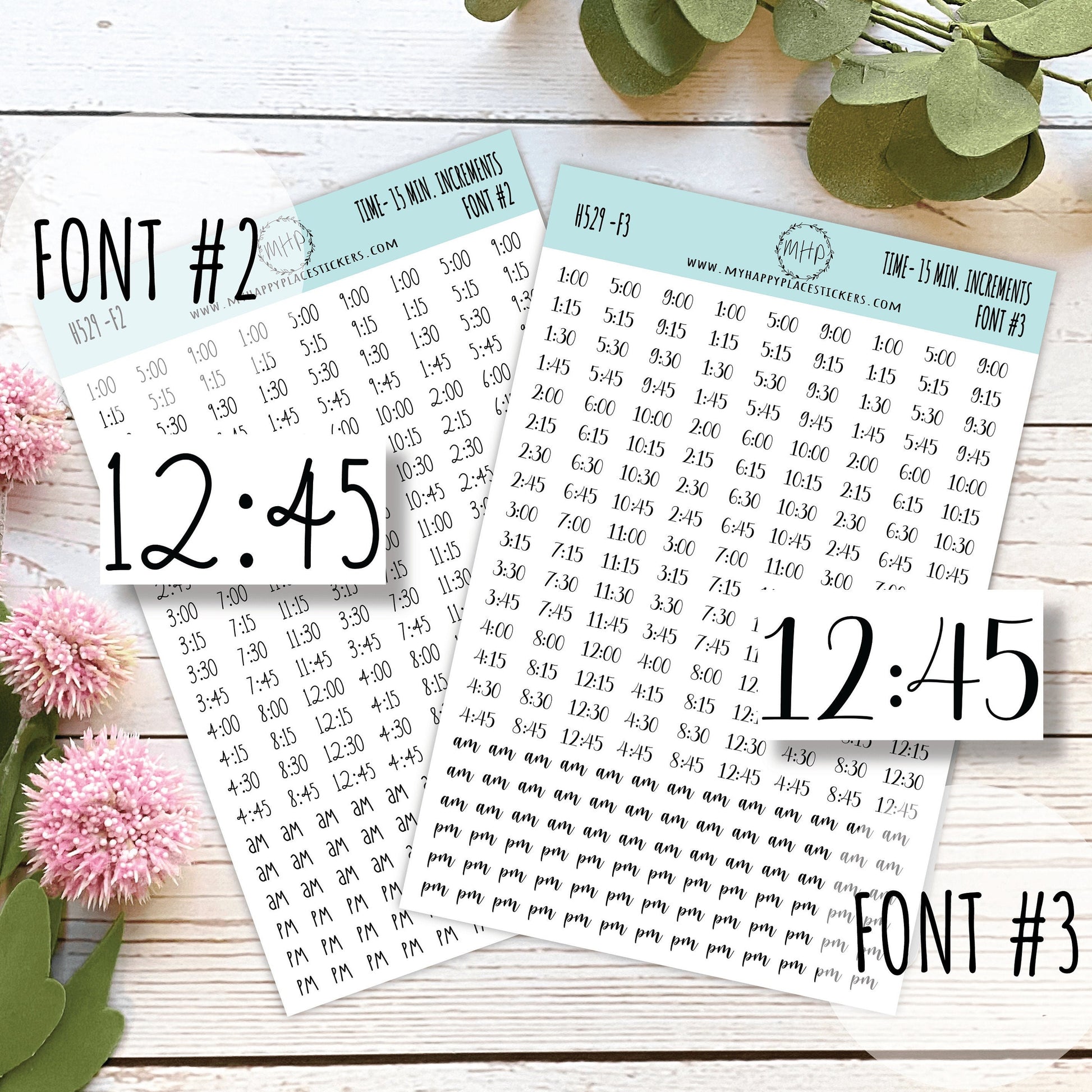HOURS- 15 Min. Increment Stickers for Planners, Organizers and Bullet Journals. College Planner. 8 Fonts to Choose From || H529