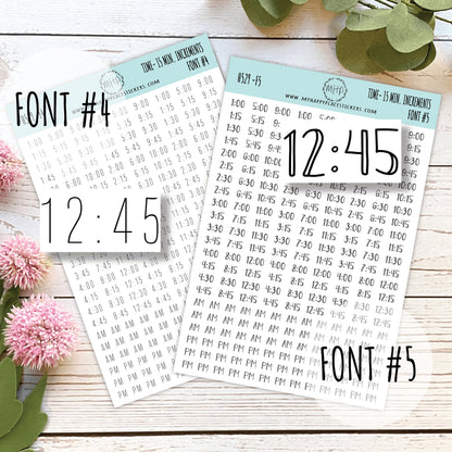 HOURS- 15 Min. Increment Stickers for Planners, Organizers and Bullet Journals. College Planner. 8 Fonts to Choose From || H529