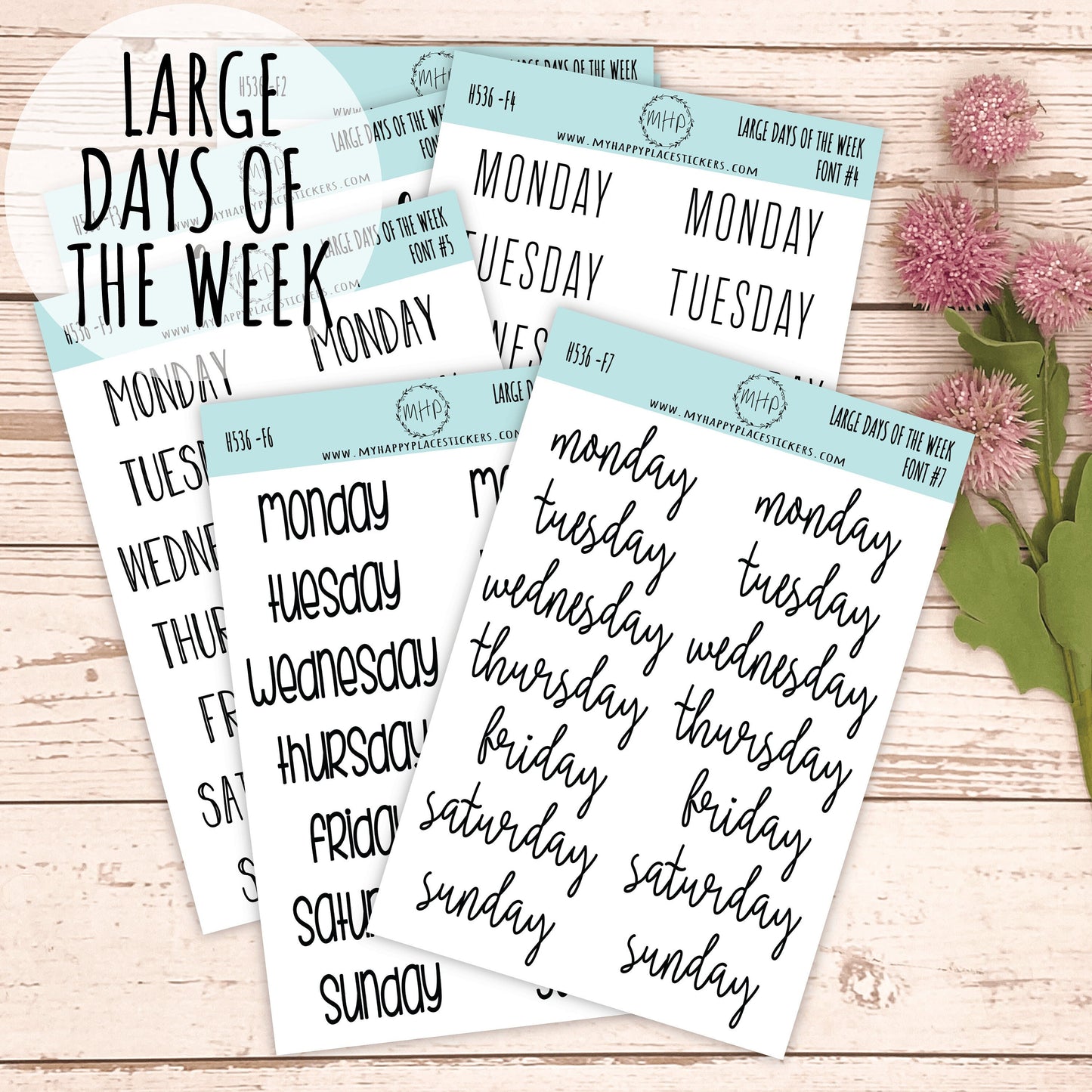 Large Days of the Week Stickers for Planners, Organizers and Bullet Journals. College Planner. 8 Fonts to Choose From || H536