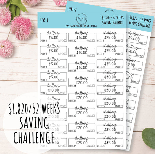 52 Week Saving Challenge with Set Amount (1,820 total). Stickers for Planners and Bullet Journals || F743