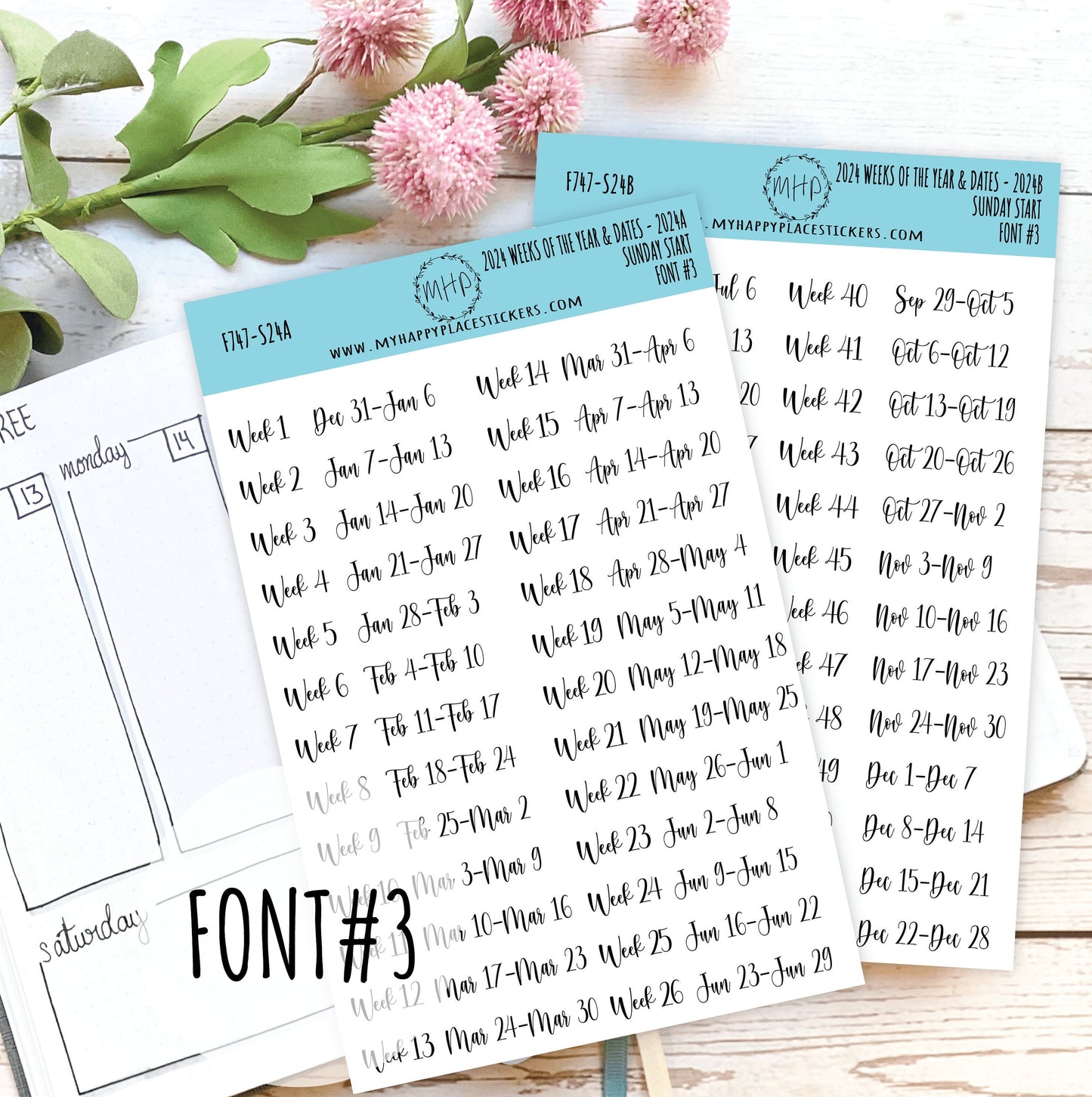 2024 Weeks of the Year Stickers SUNDAY START for Planners and  Bullet Journals || F727