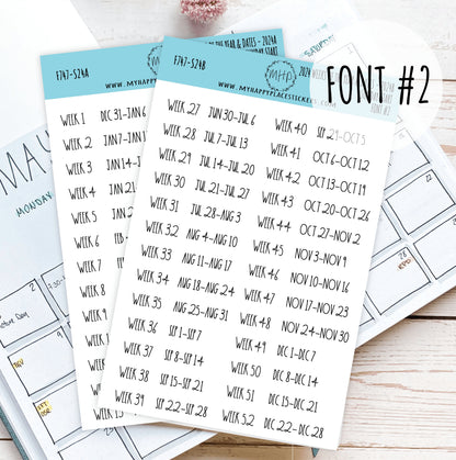 2024 Weeks of the Year Stickers SUNDAY START for Planners and  Bullet Journals || F727