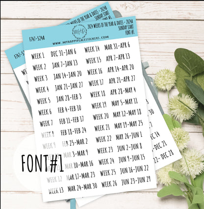 2024 Weeks of the Year Stickers SUNDAY START for Planners and  Bullet Journals || F727