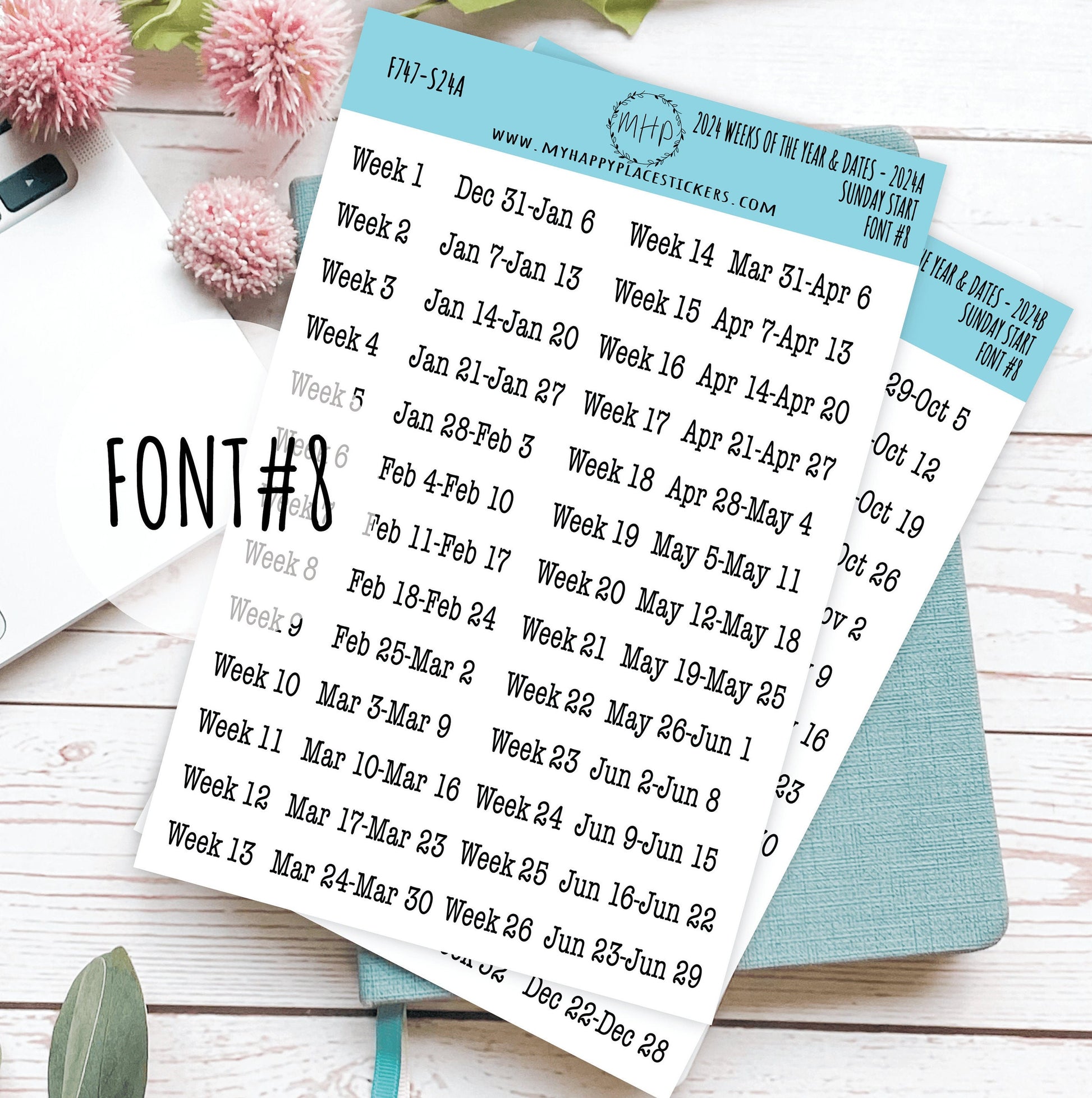 2024 Weeks of the Year Stickers SUNDAY START for Planners and  Bullet Journals || F727