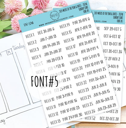 2024 Weeks of the Year Stickers SUNDAY START for Planners and  Bullet Journals || F727