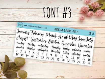 Months, Days, and Number Stickers for Planners, Organizers and Bullet Journals || T331