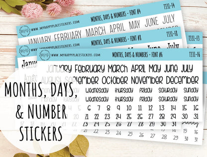 Months, Days, and Number Stickers for Planners, Organizers and Bullet Journals || T331