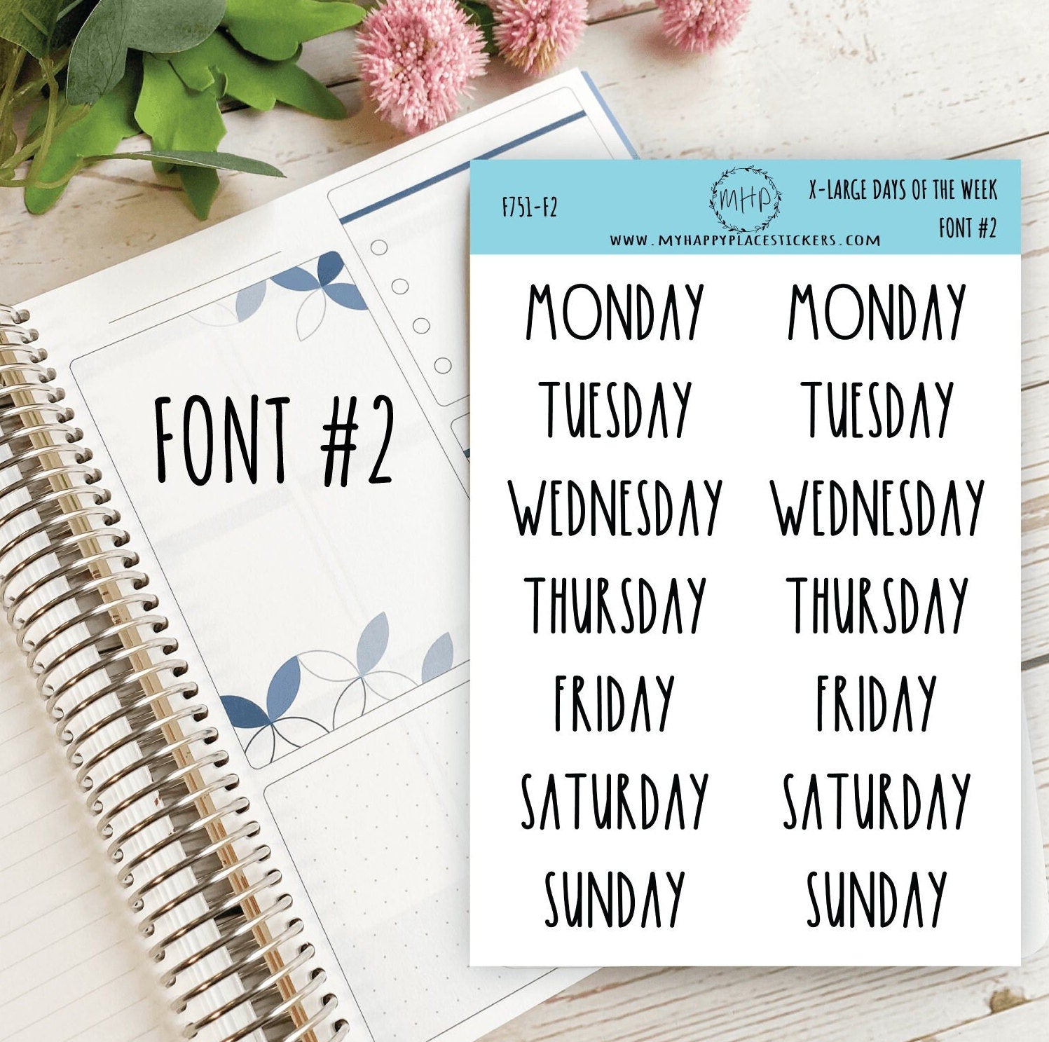 X-Large Days of the Week Stickers for Planners, Organizers and Bullet Journals. College Planner. 8 Fonts to Choose From || F751