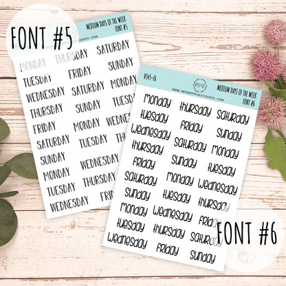 Medium Days of the Week Stickers for Planners, Organizers and Bullet Journals. College Planner. 8 Fonts to Choose From || F748