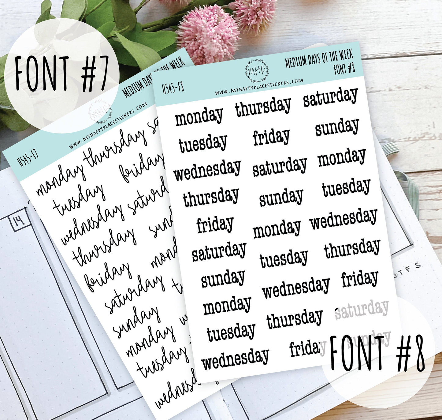 Medium Days of the Week Stickers for Planners, Organizers and Bullet Journals. College Planner. 8 Fonts to Choose From || F748