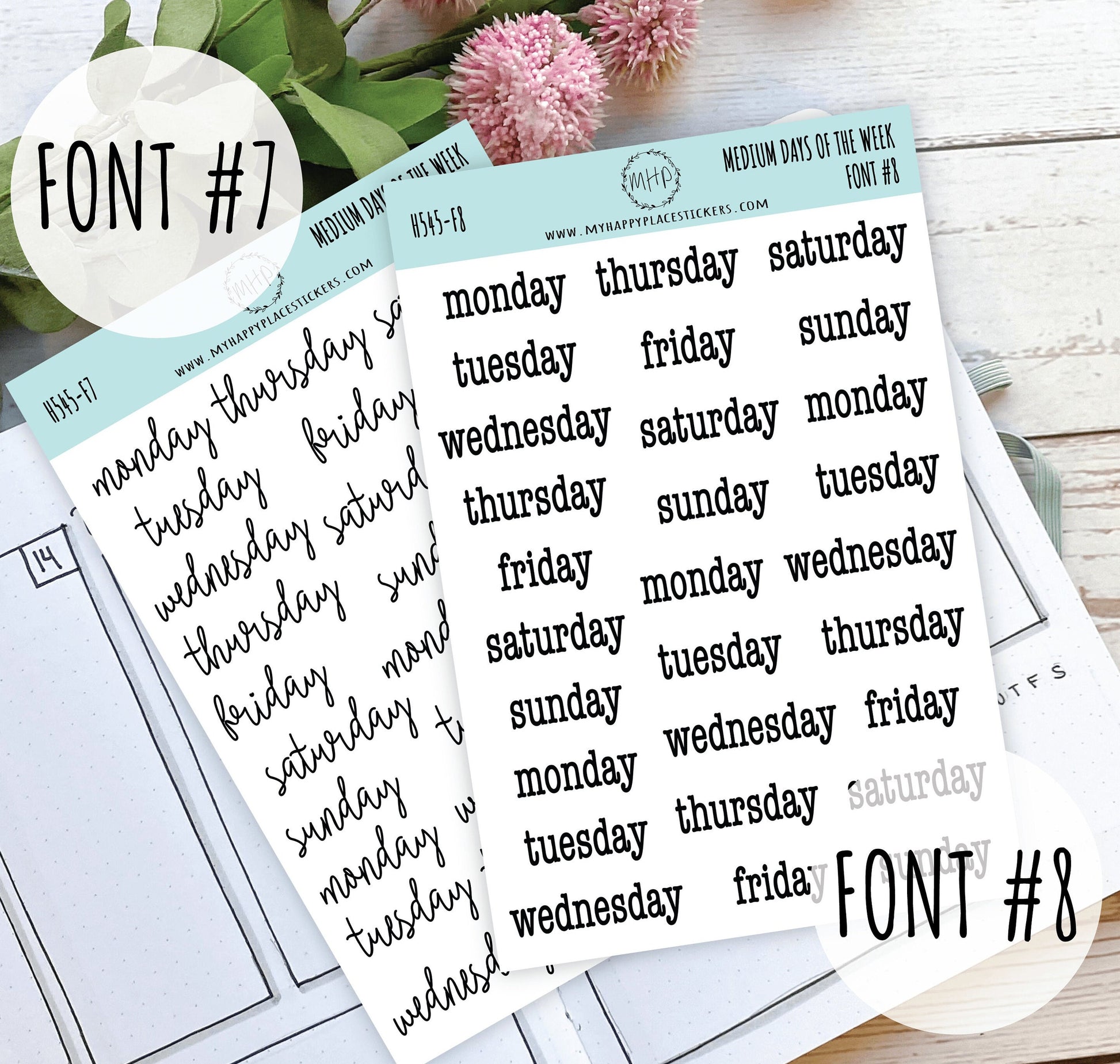 Medium Days of the Week Stickers for Planners, Organizers and Bullet Journals. College Planner. 8 Fonts to Choose From || F748