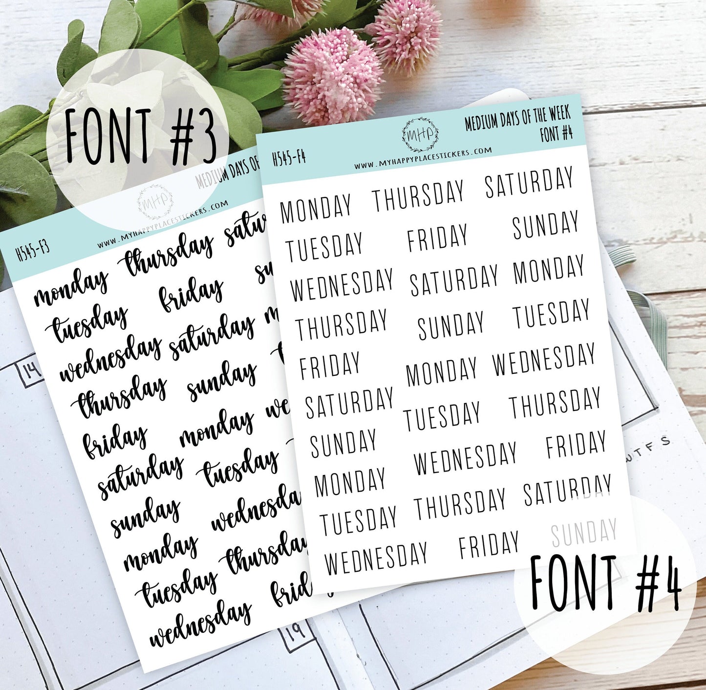 Medium Days of the Week Stickers for Planners, Organizers and Bullet Journals. College Planner. 8 Fonts to Choose From || F748