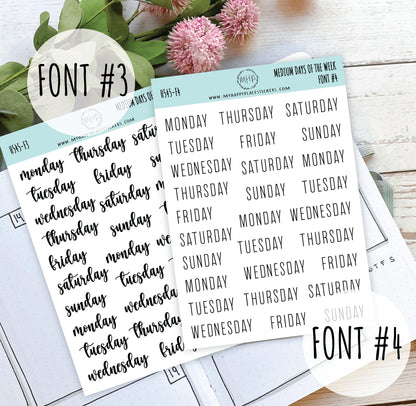Medium Days of the Week Stickers for Planners, Organizers and Bullet Journals. College Planner. 8 Fonts to Choose From || F748