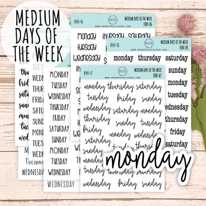 Medium Days of the Week Stickers for Planners, Organizers and Bullet Journals. College Planner. 8 Fonts to Choose From || F748