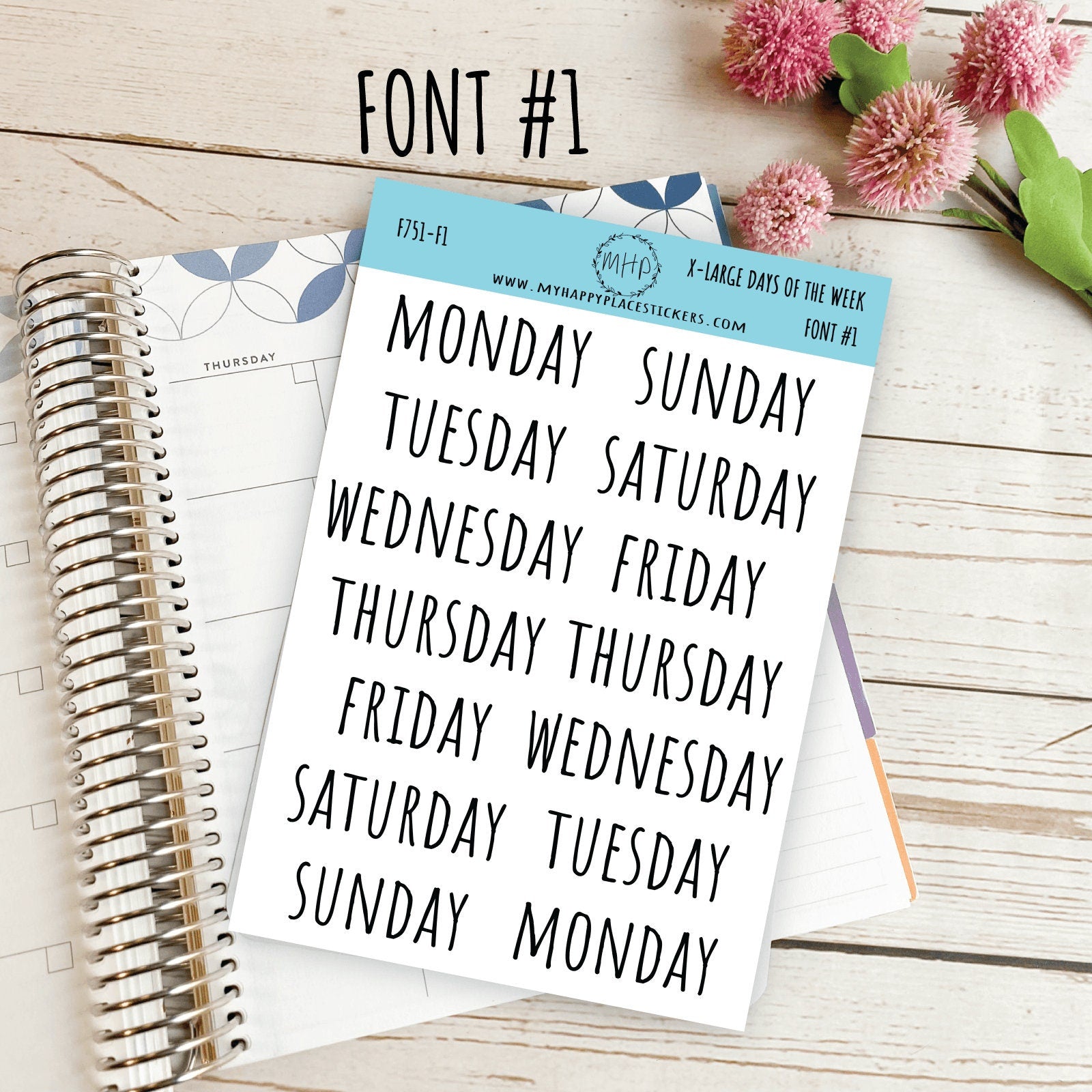 X-Large Days of the Week Stickers for Planners, Organizers and Bullet Journals. College Planner. 8 Fonts to Choose From || F751