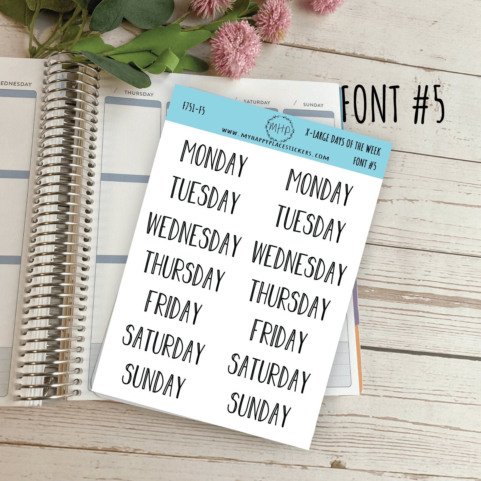 X-Large Days of the Week Stickers for Planners, Organizers and Bullet Journals. College Planner. 8 Fonts to Choose From || F751