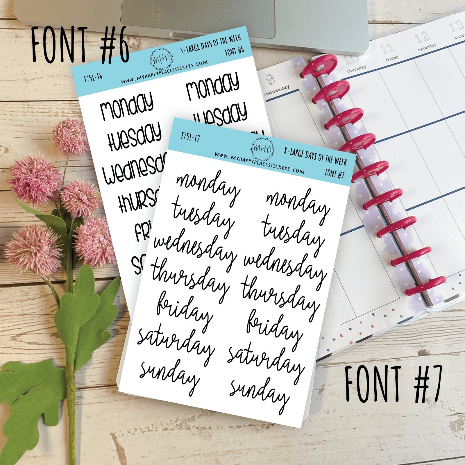 X-Large Days of the Week Stickers for Planners, Organizers and Bullet Journals. College Planner. 8 Fonts to Choose From || F751