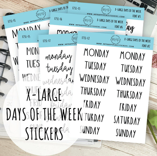 X-Large Days of the Week Stickers for Planners, Organizers and Bullet Journals. College Planner. 8 Fonts to Choose From || F751