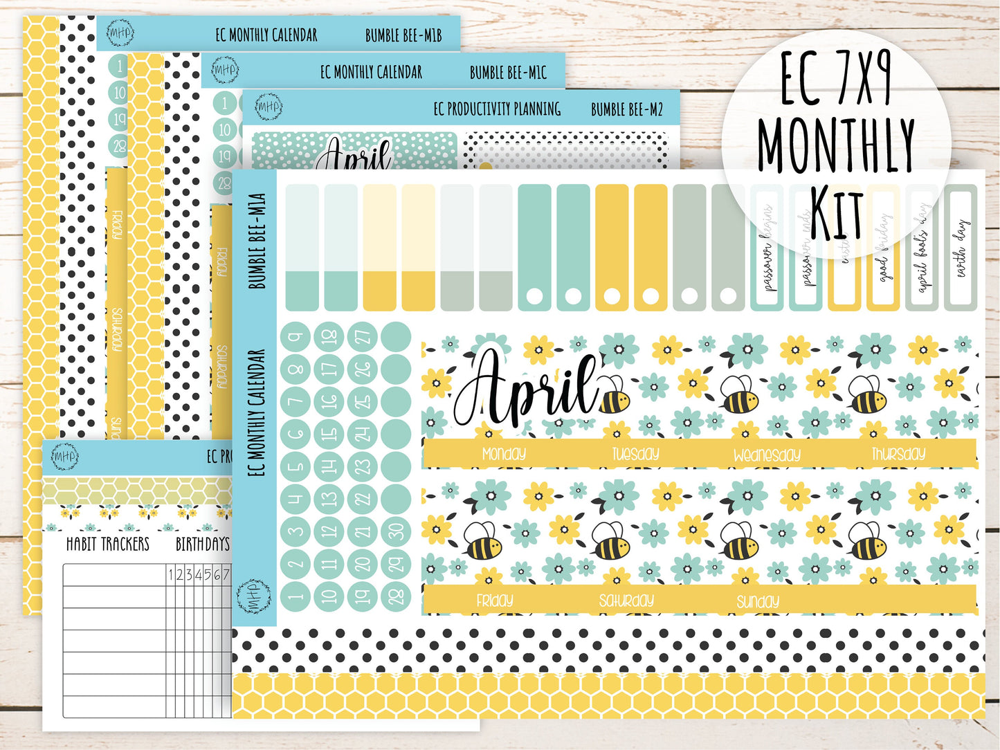 Erin Condren 7x9 Monthly Kit. APRIL "Bumble Bee" Planner Stickers || BB-M