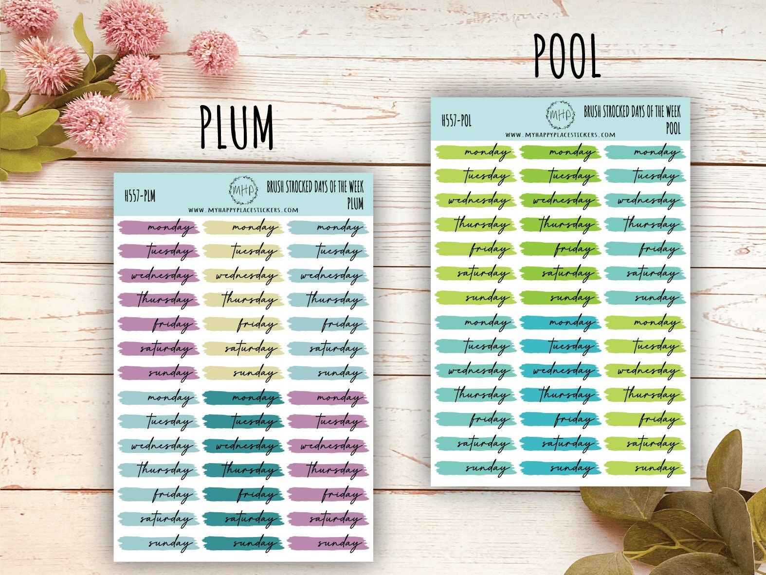 Days of the Week Over Brush Stroke. Planner Stickers || H557