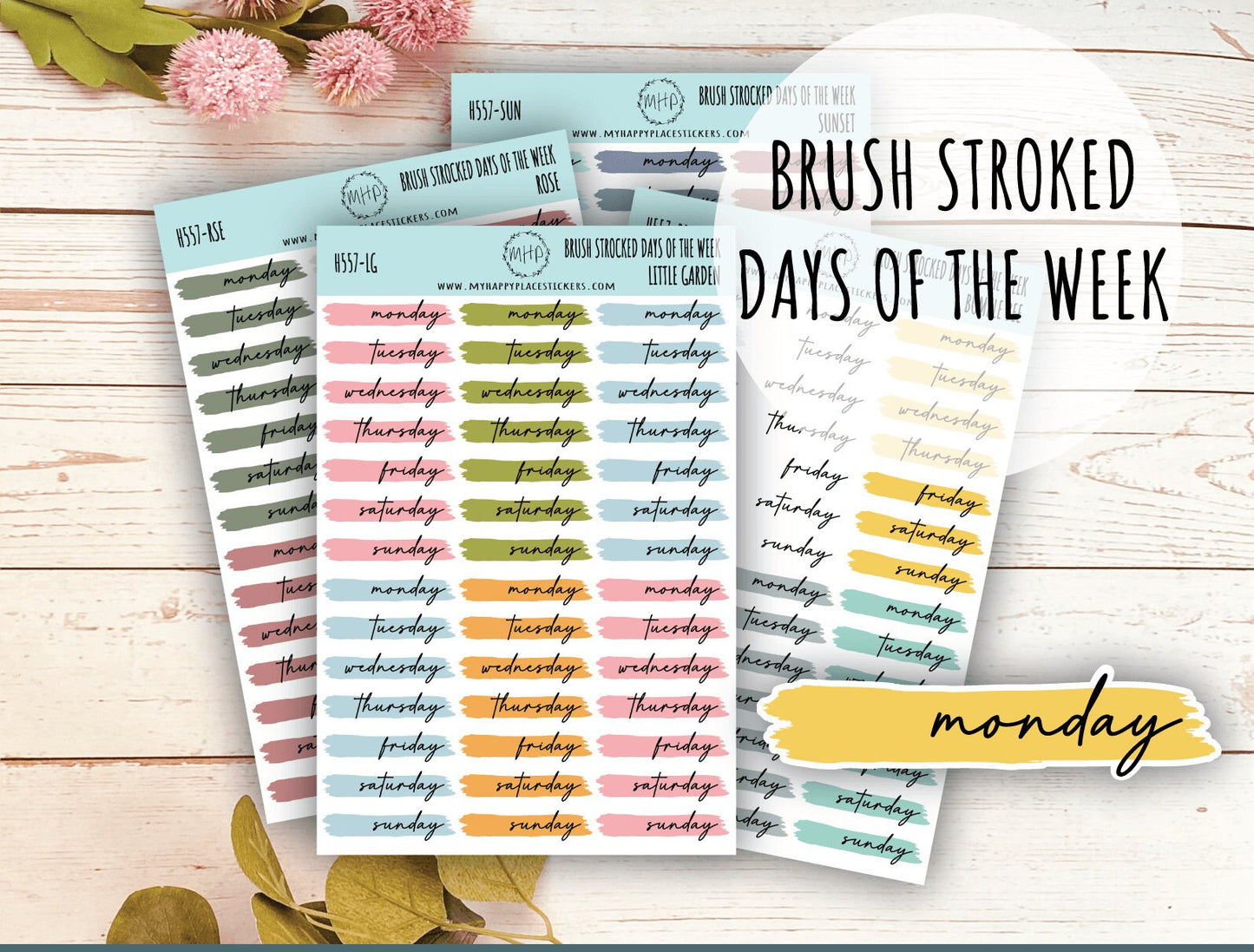 Days of the Week Over Brush Stroke. Planner Stickers || H557