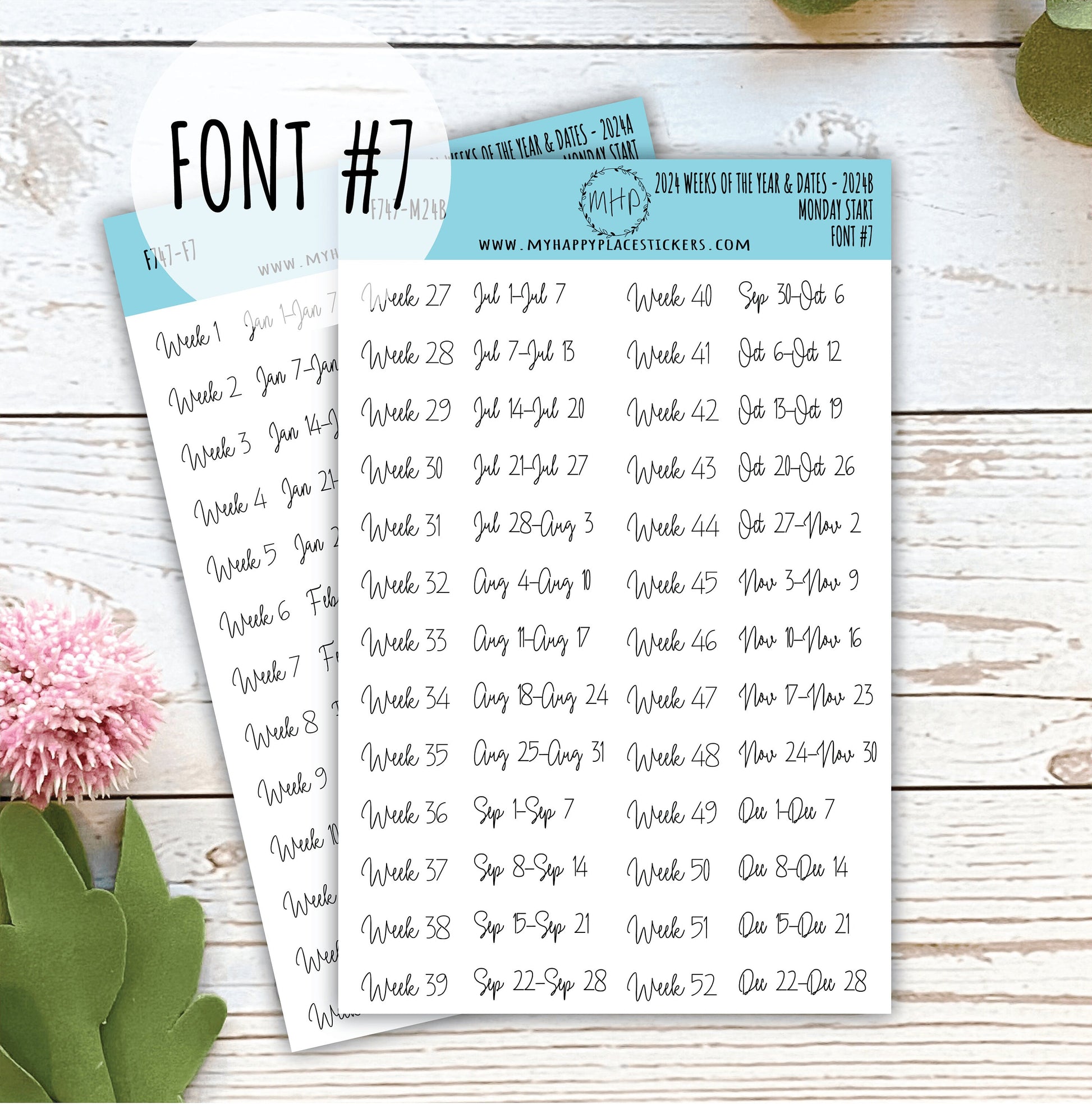 2024 Weeks of the Year Stickers MONDAY START for Planners and Bullet Journals || F727