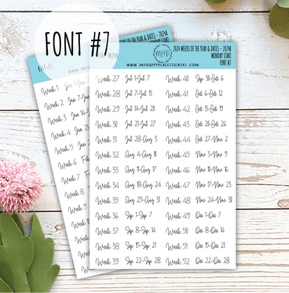 2024 Weeks of the Year Stickers MONDAY START for Planners and Bullet Journals || F727
