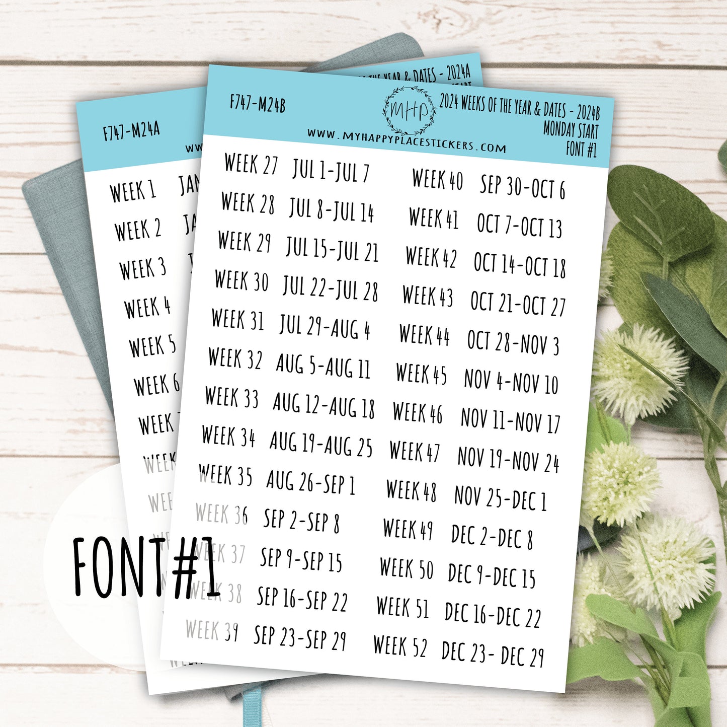 2024 Weeks of the Year Stickers MONDAY START for Planners and Bullet Journals || F727