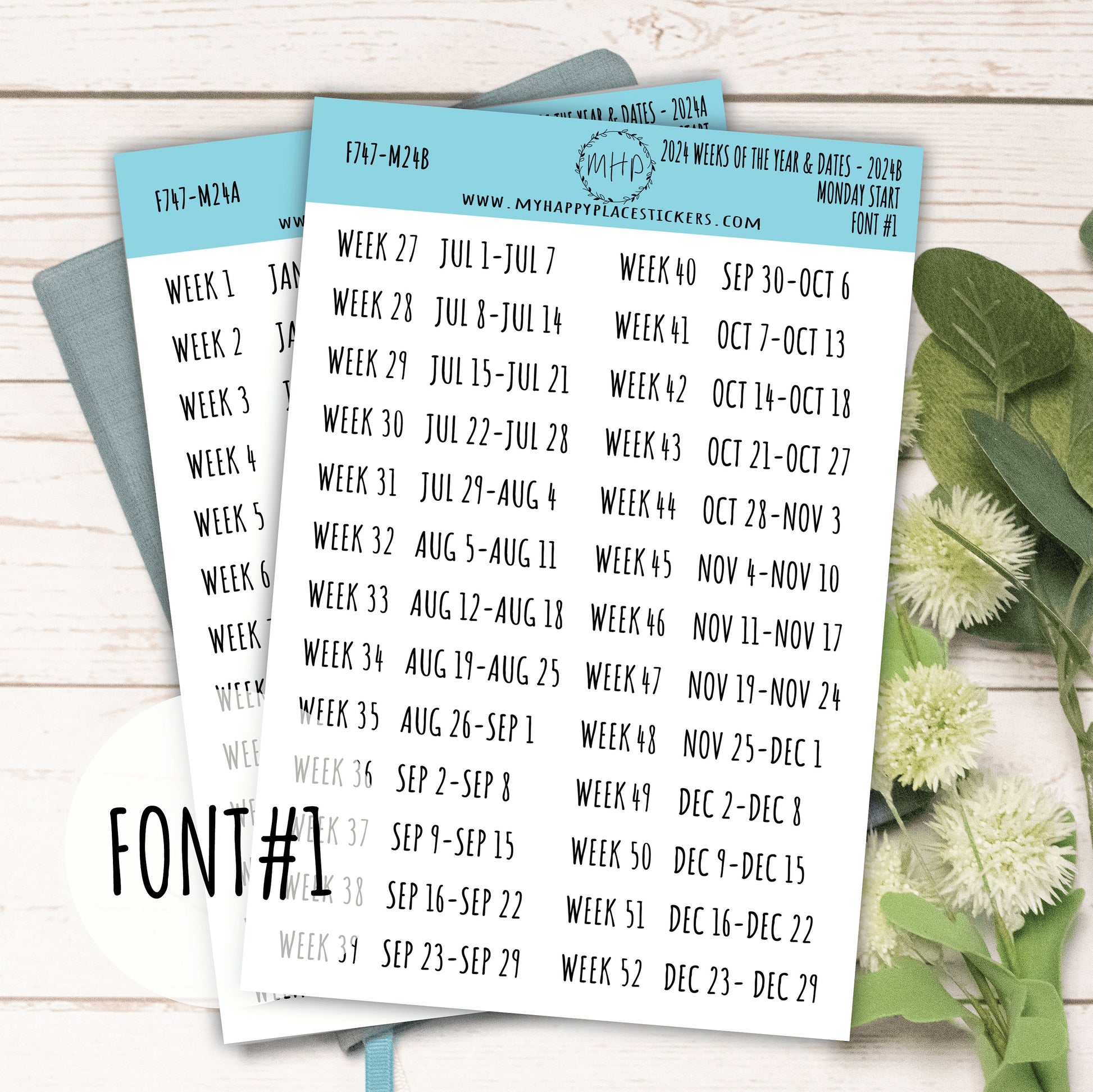 2024 Weeks of the Year Stickers MONDAY START for Planners and Bullet Journals || F727