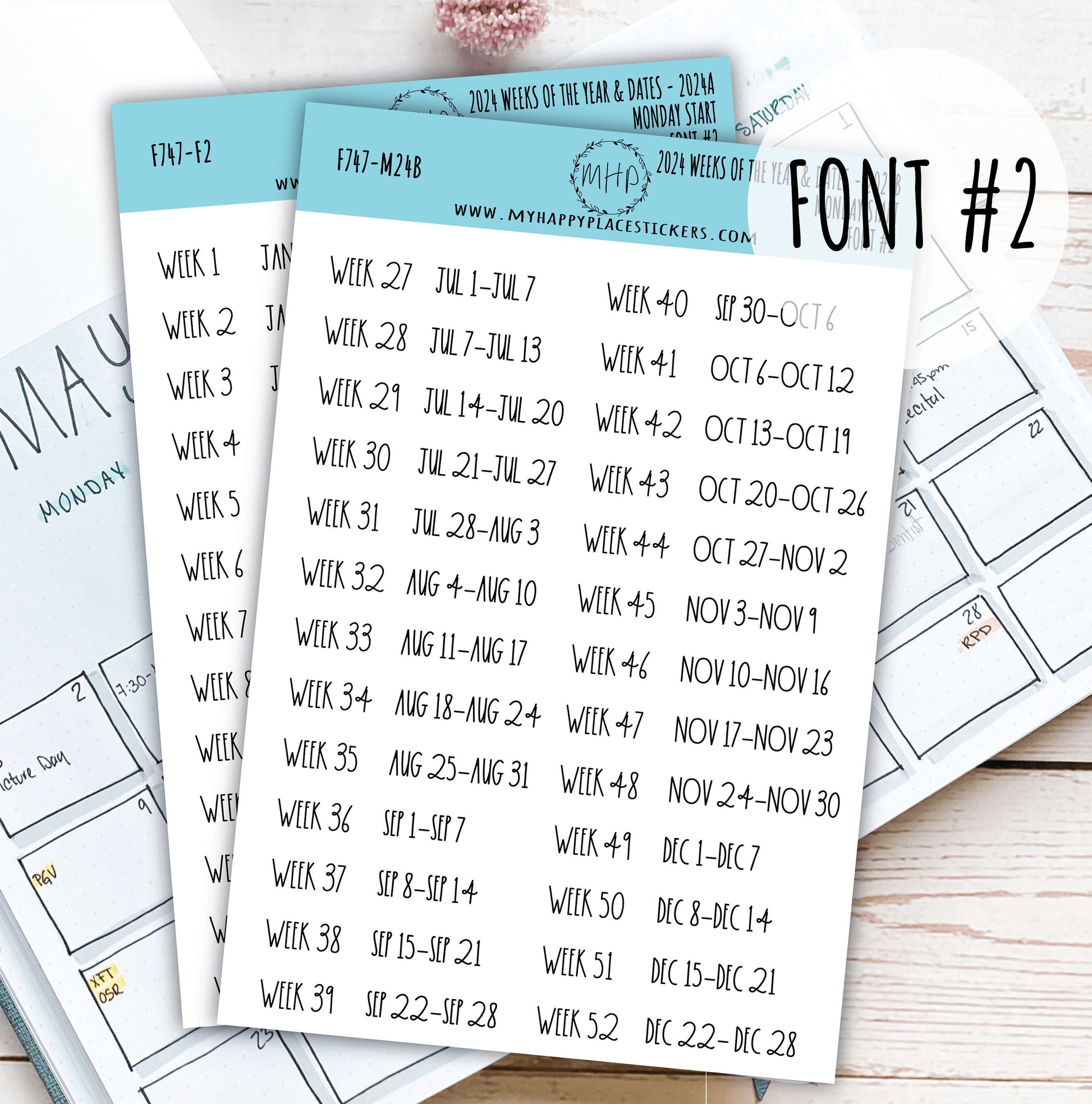 2024 Weeks of the Year Stickers MONDAY START for Planners and Bullet Journals || F727