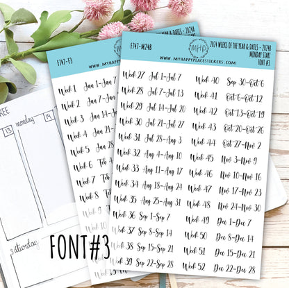 2024 Weeks of the Year Stickers MONDAY START for Planners and Bullet Journals || F727