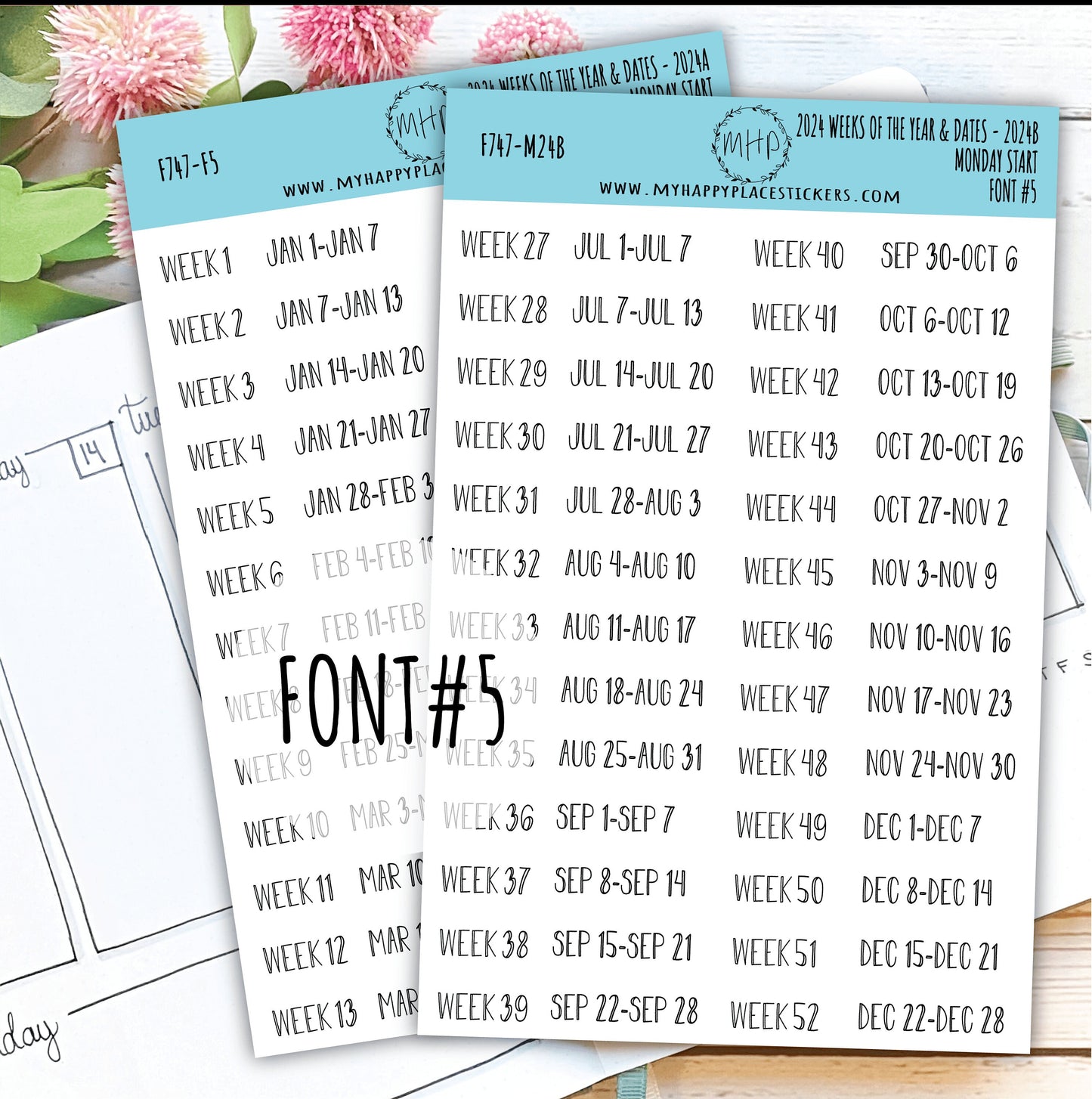 2024 Weeks of the Year Stickers MONDAY START for Planners and Bullet Journals || F727