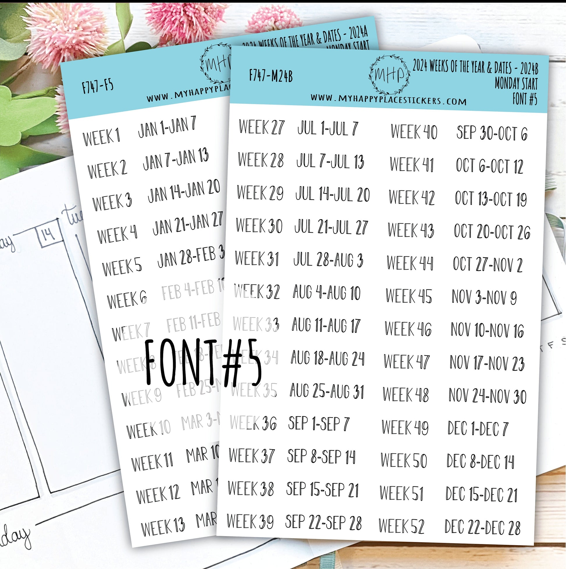 2024 Weeks of the Year Stickers MONDAY START for Planners and Bullet Journals || F727