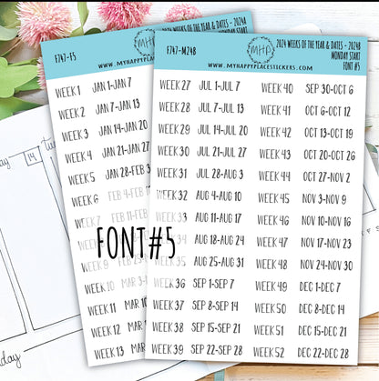 2024 Weeks of the Year Stickers MONDAY START for Planners and Bullet Journals || F727