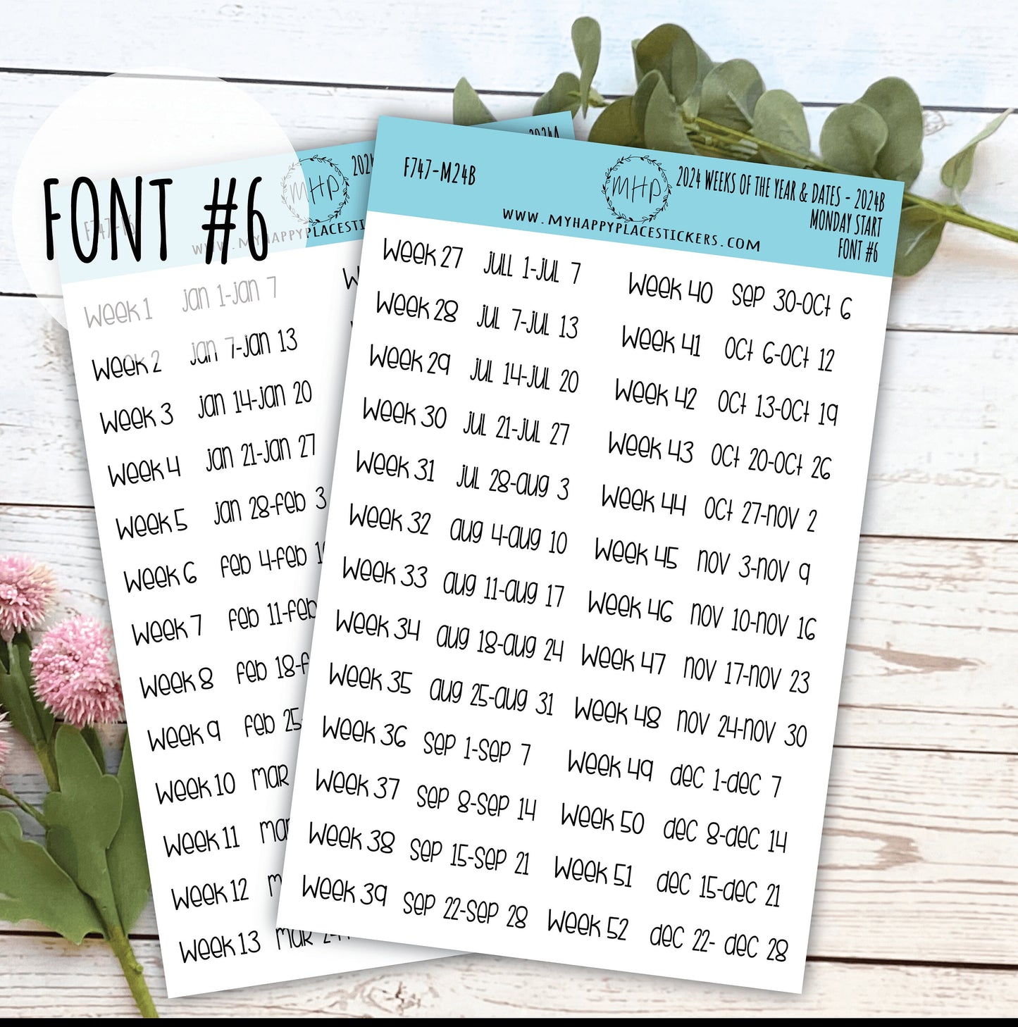 2024 Weeks of the Year Stickers MONDAY START for Planners and Bullet Journals || F727