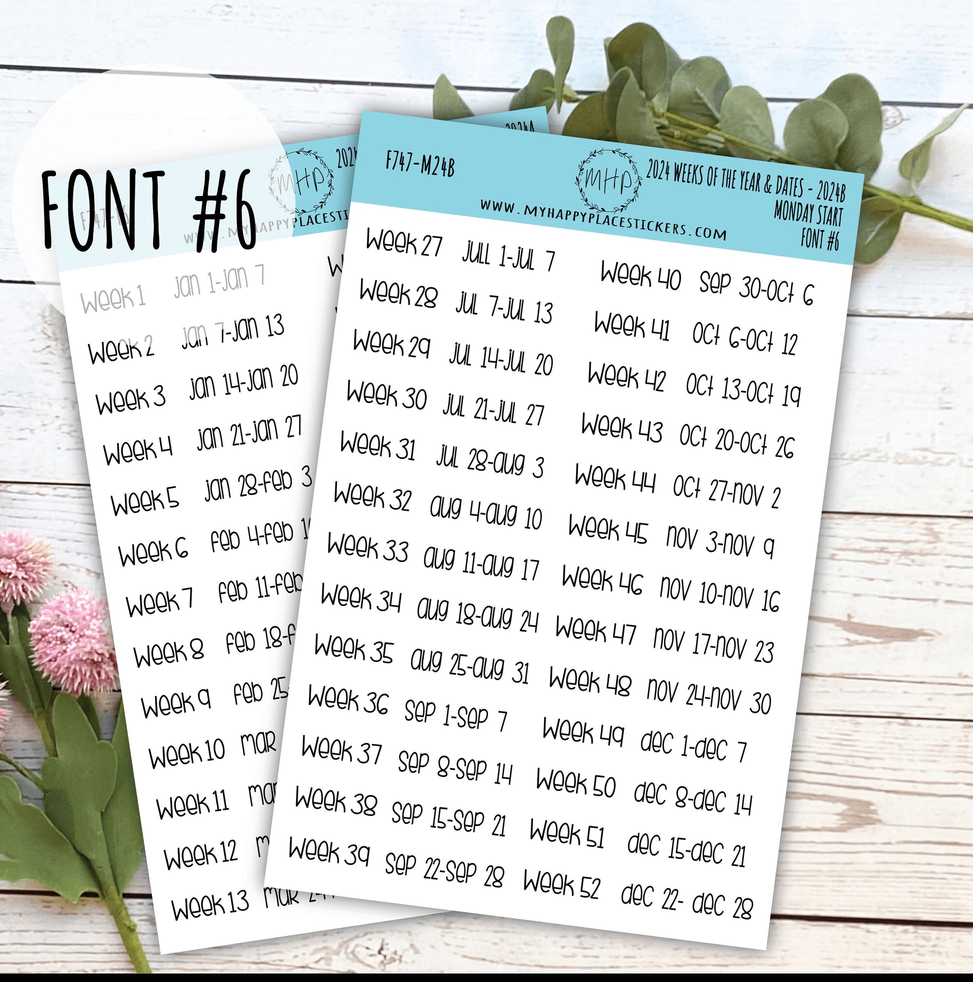 2024 Weeks of the Year Stickers MONDAY START for Planners and Bullet Journals || F727