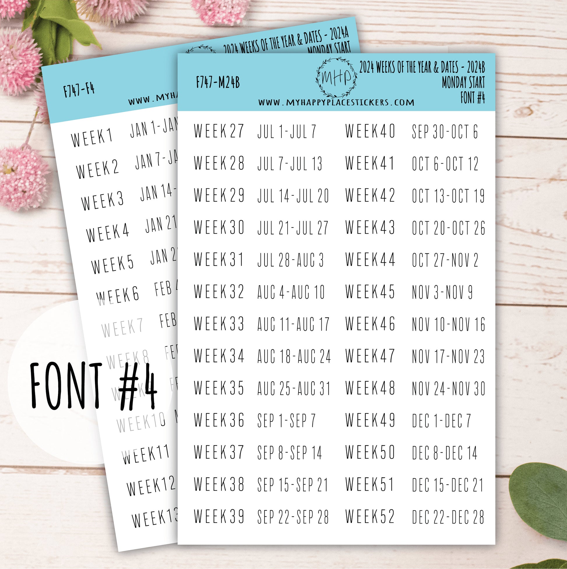2024 Weeks of the Year Stickers MONDAY START for Planners and Bullet Journals || F727