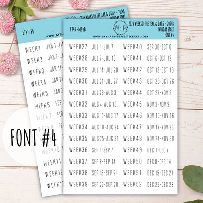 2024 Weeks of the Year Stickers MONDAY START for Planners and Bullet Journals || F727
