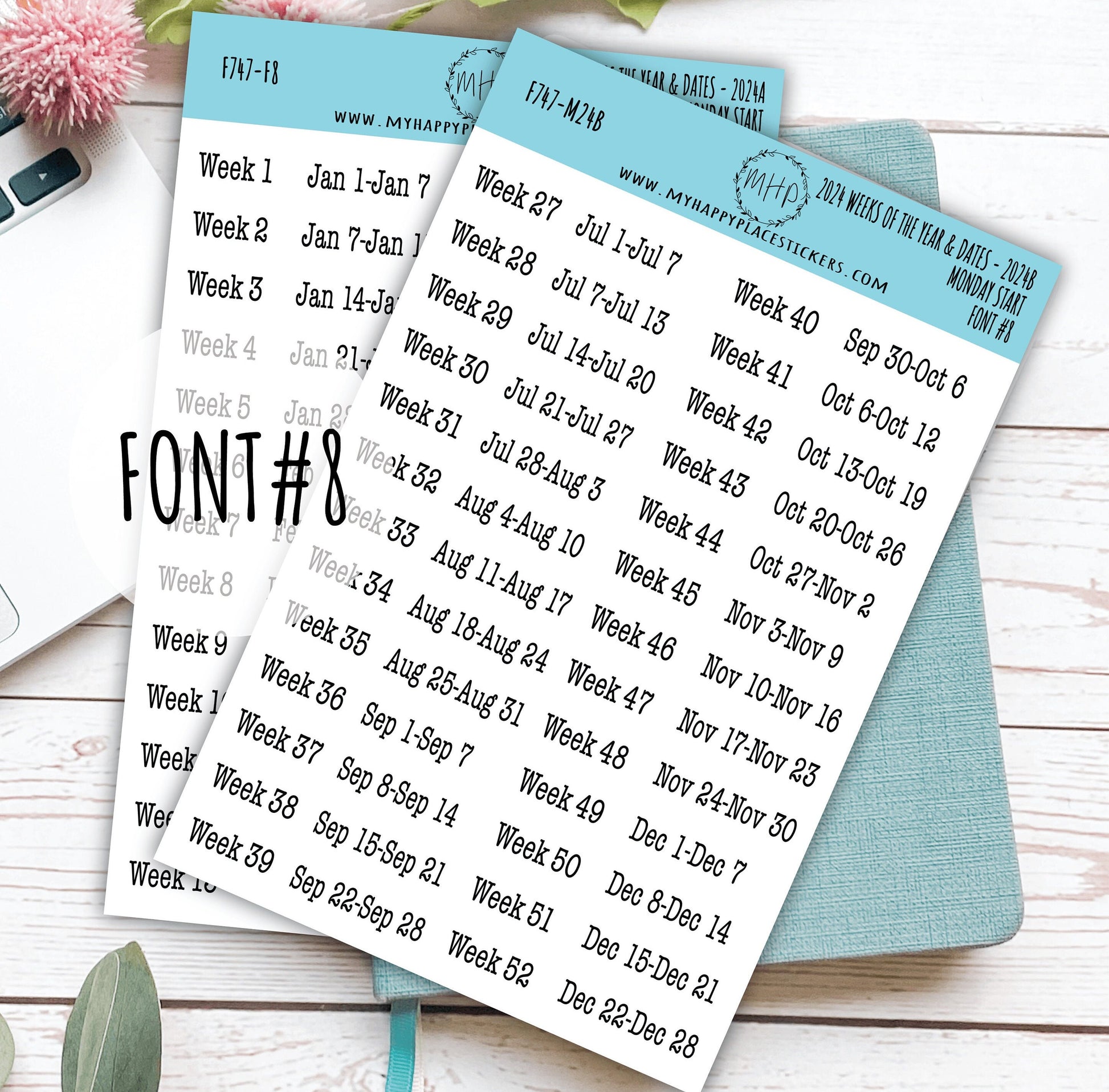 2024 Weeks of the Year Stickers MONDAY START for Planners and Bullet Journals || F727