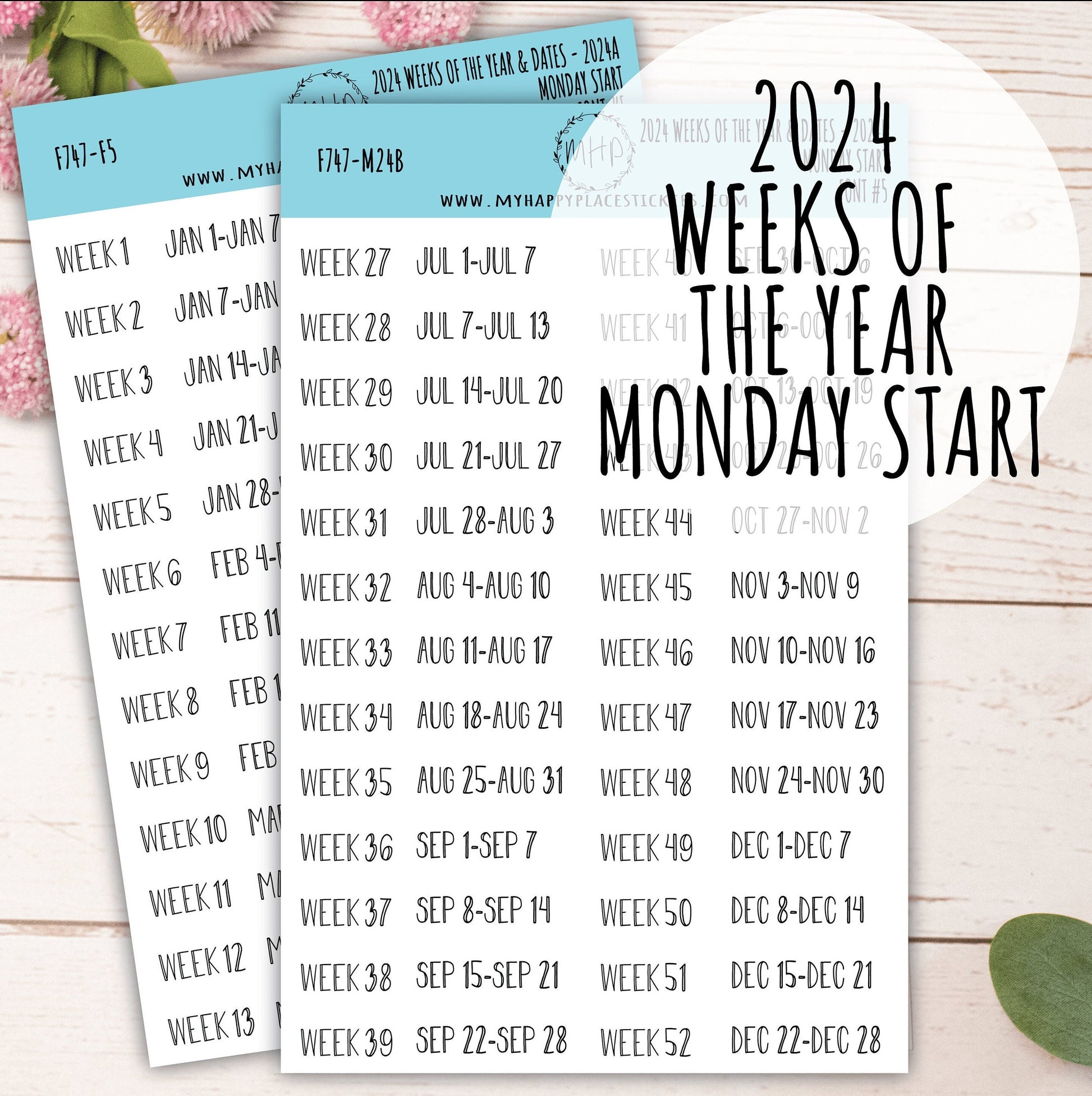 2024 Weeks of the Year Stickers MONDAY START for Planners and Bullet Journals || F727