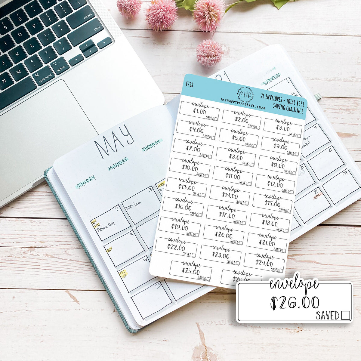 Bullet Envelope 26 Envelopes Saving Challenge (Total Savings 351.00). Stickers for Pla ...