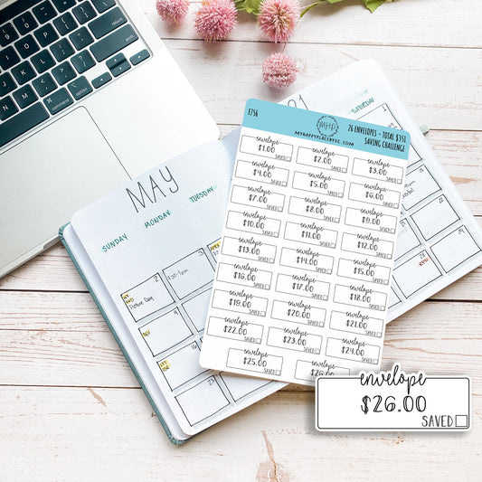 26 Envelopes Saving Challenge (Total Savings 351.00). Stickers for Planners and Bullet Journals || F756