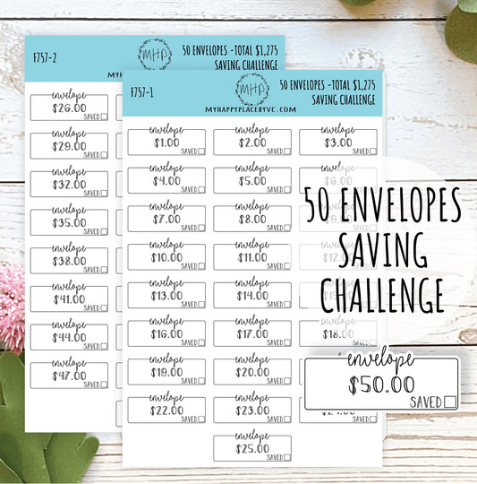 50 Envelope Stickers for Savings Challenge (Total Savings 1,275.00). Stickers for Planners, Saving Envelopes, and Bullet Journals || F757