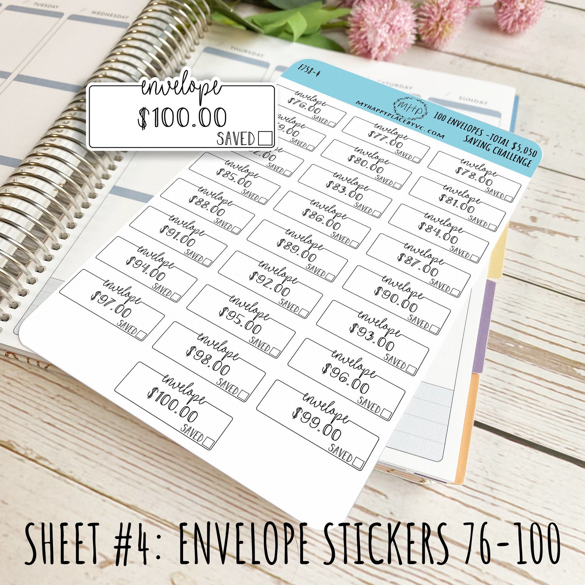 100 Envelope Stickers for Savings Challenge (Total Savings 5,050.00).  Stickers for Planners, Saving Envelopes, and Bullet Journals || F758