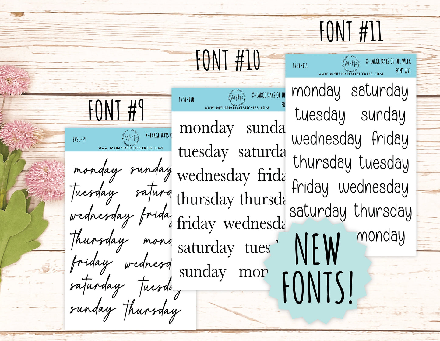 X-Large Days of the Week Stickers for Planners, Organizers and Bullet Journals. College Planner. 8 Fonts to Choose From || F751